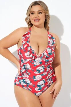 Coral Floral Wireless Ruffle One Piece Swimsuit 13 Coral Floral Wireless Ruffle One Piece Swimsuit -Meetcurve Shop b deop269001 6