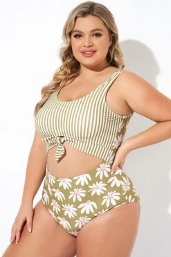 Cactus Stripe Daisy Knotted One Piece Swimsuit -Meetcurve Shop b deop271001 3