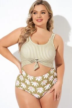 Cactus Stripe Daisy Knotted One Piece Swimsuit -Meetcurve Shop b deop271001 4