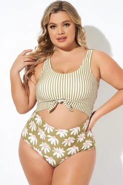 Cactus Stripe Daisy Knotted One Piece Swimsuit -Meetcurve Shop b deop271001 6