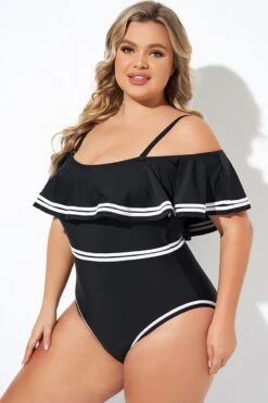 Black And White Off Shoulder Ruffles One Piece Swimsuit -Meetcurve Shop b deop272001 1 1