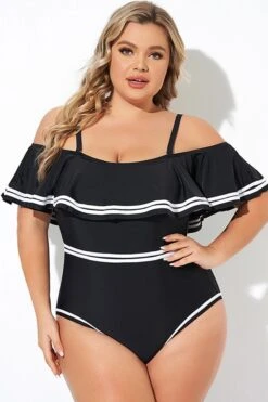 Black And White Off Shoulder Ruffles One Piece Swimsuit -Meetcurve Shop b deop272001 3