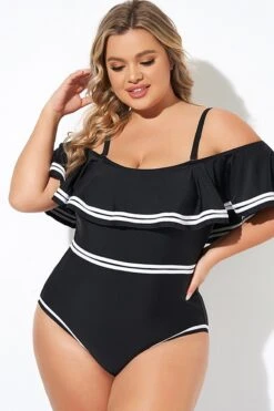 Black And White Off Shoulder Ruffles One Piece Swimsuit -Meetcurve Shop b deop272001 5