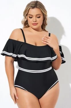 Black And White Off Shoulder Ruffles One Piece Swimsuit -Meetcurve Shop b deop272001 6