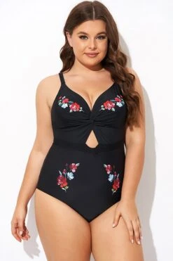 Black Flower Adjustable Straps Cut Out Front One Piece Swimsuit
