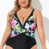 Elegant Flower Print V-neckline One Piece Swimsuit -Meetcurve Shop b deop276001 1