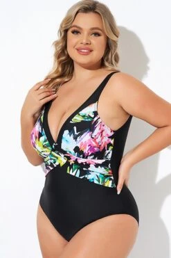 Elegant Flower Print V-neckline One Piece Swimsuit -Meetcurve Shop b deop276001 3