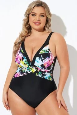 Elegant Flower Print V-neckline One Piece Swimsuit -Meetcurve Shop b deop276001 4