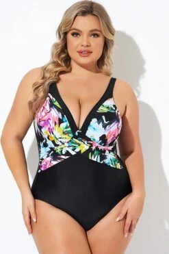 Elegant Flower Print V-neckline One Piece Swimsuit -Meetcurve Shop b deop276001 5