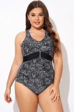 Black & White Zebra Print Ruched Front One Piece Swimsuit -Meetcurve Shop b deop278001 3