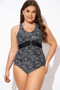 Black & White Zebra Print Ruched Front One Piece Swimsuit -Meetcurve Shop b deop278001 4