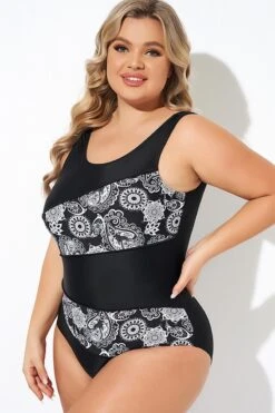 Flower Pattern Round Neck One Piece Swimsuit -Meetcurve Shop b deop281001 4