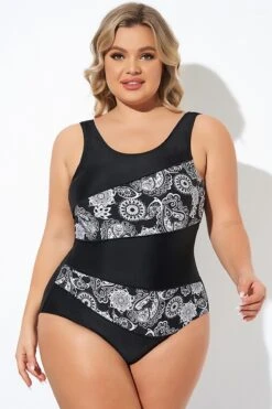Flower Pattern Round Neck One Piece Swimsuit -Meetcurve Shop b deop281001 5
