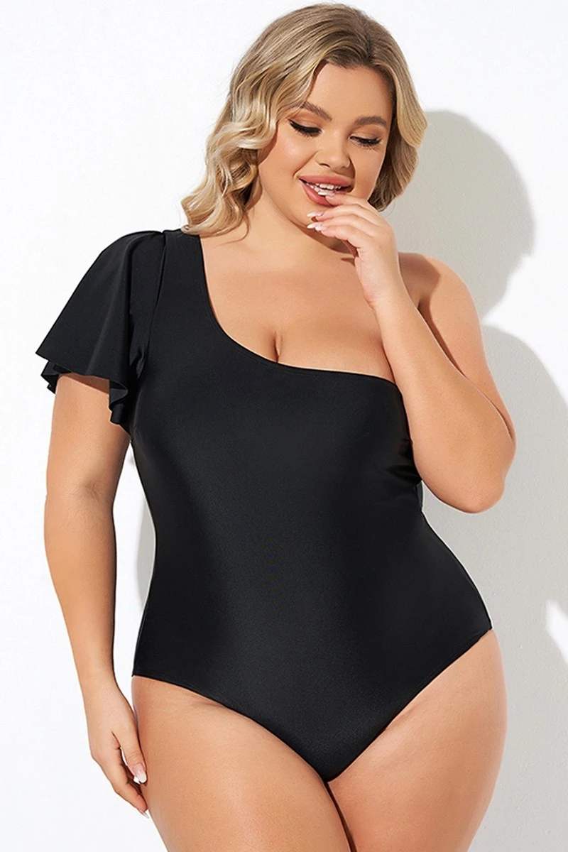 Black Flutter Sleeve One Shoulder One Piece Swimsuit 3 Black Flutter Sleeve One Shoulder One Piece Swimsuit
