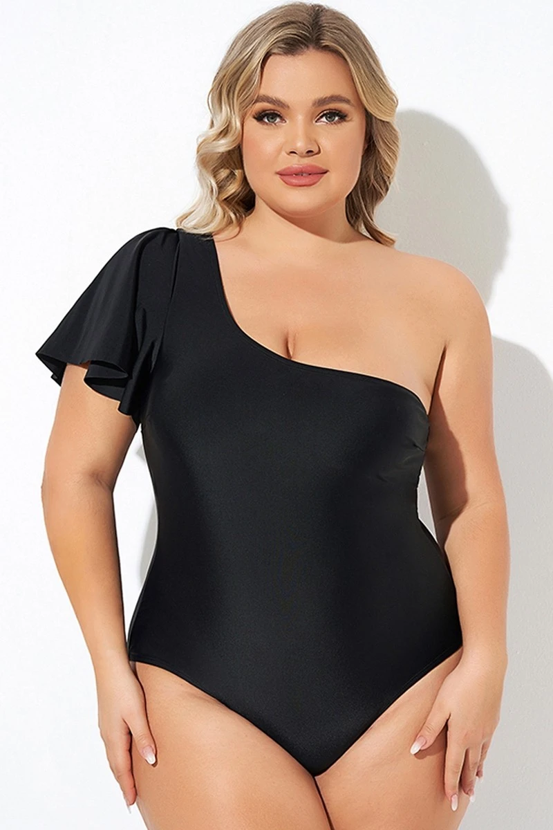 Black Flutter Sleeve One Shoulder One Piece Swimsuit 4 Black Flutter Sleeve One Shoulder One Piece Swimsuit - Image 2