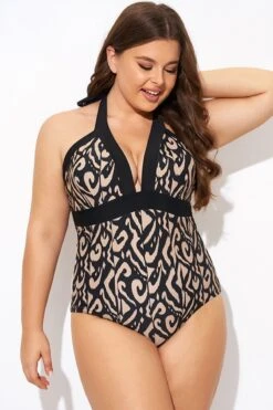 Deep V Neck Pattern Halterneck One Piece Swimsuit -Meetcurve Shop b deop287001 4
