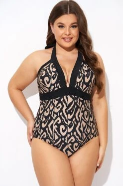 Deep V Neck Pattern Halterneck One Piece Swimsuit -Meetcurve Shop b deop287001 5