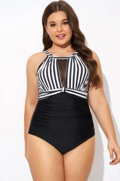Stripe High Neck Mesh Ruched One Piece Swimsuit 12 Stripe High Neck Mesh Ruched One Piece Swimsuit -Meetcurve Shop b deop295001 1