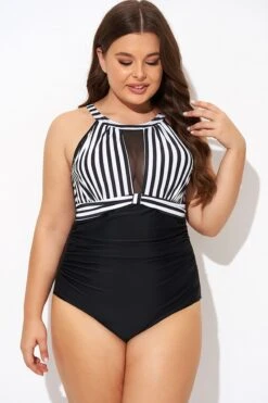 Stripe High Neck Mesh Ruched One Piece Swimsuit 10 Stripe High Neck Mesh Ruched One Piece Swimsuit -Meetcurve Shop b deop295001 3