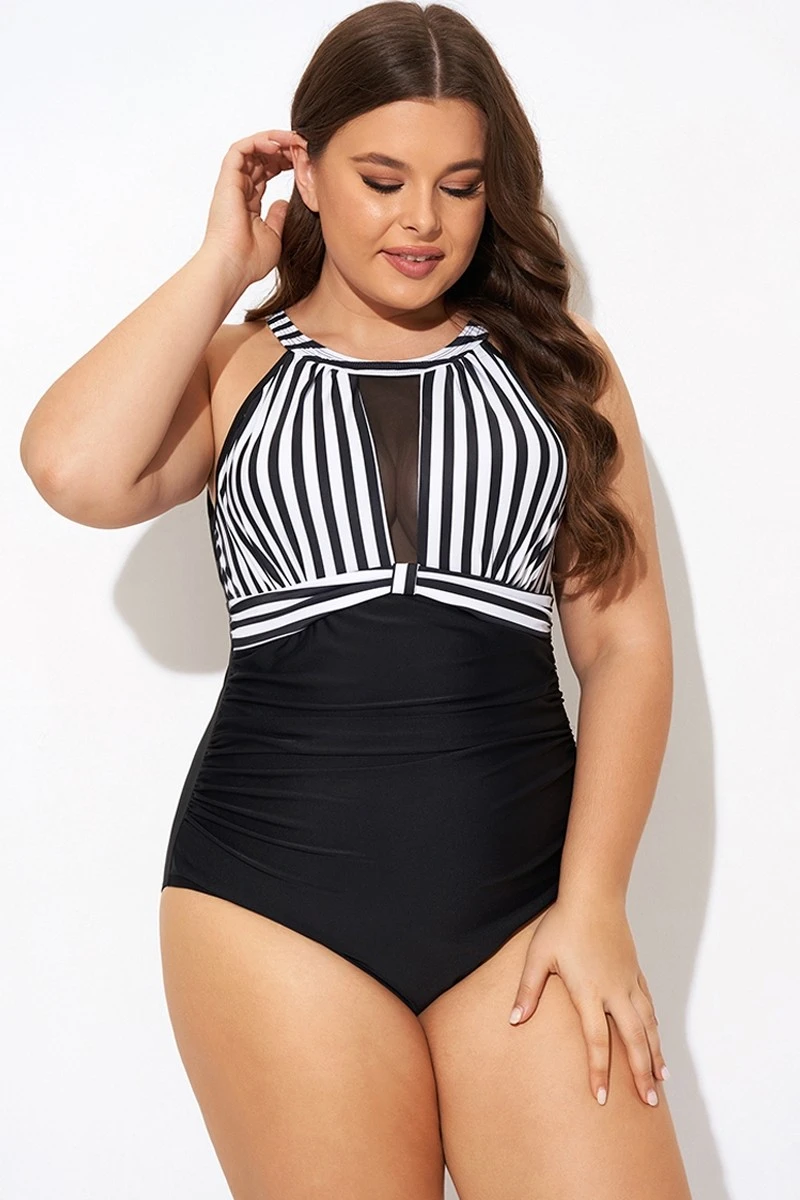 Stripe High Neck Mesh Ruched One Piece Swimsuit 6 Stripe High Neck Mesh Ruched One Piece Swimsuit - Image 4