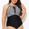 Stripe High Neck Mesh Ruched One Piece Swimsuit 2 Stripe High Neck Mesh Ruched One Piece Swimsuit -Meetcurve Shop b deop295001 5