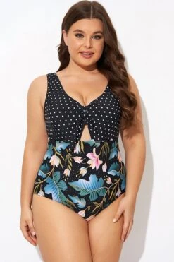 Crewneck Flower Print Polka Dots Knot One Piece Swimsuit 10 Crewneck Flower Print Polka Dots Knot One Piece Swimsuit -Meetcurve Shop b deop297001 3
