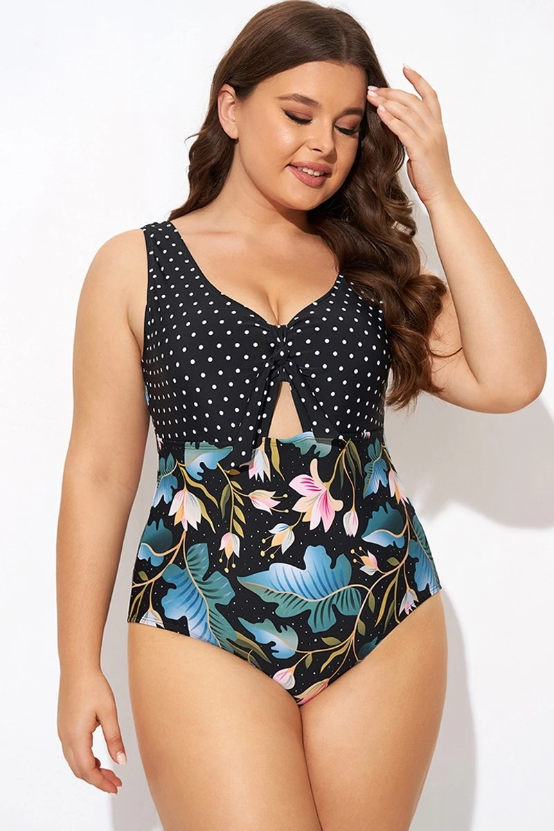 Crewneck Flower Print Polka Dots Knot One Piece Swimsuit 7 Crewneck Flower Print Polka Dots Knot One Piece Swimsuit - Image 5