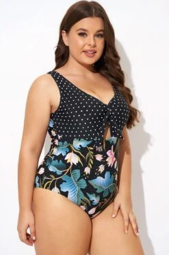 Crewneck Flower Print Polka Dots Knot One Piece Swimsuit 13 Crewneck Flower Print Polka Dots Knot One Piece Swimsuit -Meetcurve Shop b deop297001 6