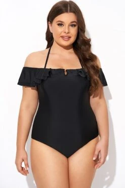 Black Flounce Off The Shoulder Ruffle One Piece Swimsuit -Meetcurve Shop b deop298001 3
