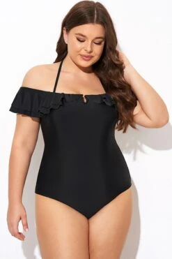 Black Flounce Off The Shoulder Ruffle One Piece Swimsuit -Meetcurve Shop b deop298001 4
