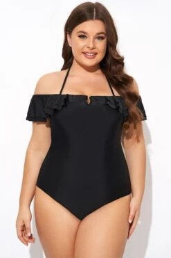 Black Flounce Off The Shoulder Ruffle One Piece Swimsuit -Meetcurve Shop b deop298001 5