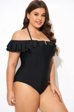 Black Flounce Off The Shoulder Ruffle One Piece Swimsuit -Meetcurve Shop b deop298001 6