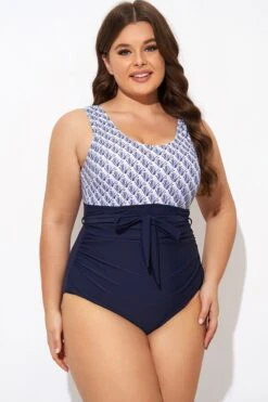 Shell Print Round Neck Belt One Piece Swimsuit -Meetcurve Shop b deop302001 5