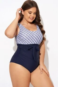 Shell Print Round Neck Belt One Piece Swimsuit -Meetcurve Shop b deop302001 6