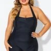 Black Ruched Panel Halter Women One Piece Swimsuit -Meetcurve Shop b deop303001 1