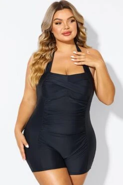 Black Ruched Panel Halter Women One Piece Swimsuit -Meetcurve Shop b deop303001 3