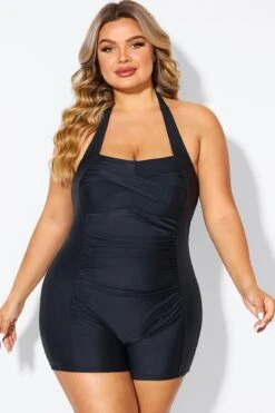 Black Ruched Panel Halter Women One Piece Swimsuit -Meetcurve Shop b deop303001 4