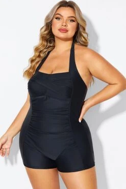 Black Ruched Panel Halter Women One Piece Swimsuit -Meetcurve Shop b deop303001 5