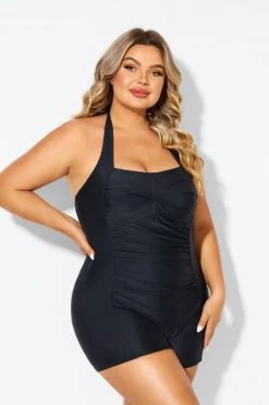 Black Ruched Panel Halter Women One Piece Swimsuit -Meetcurve Shop b deop303001 6