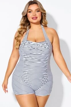 Striped Ruched Panel Halter Women One Piece Swimsuit -Meetcurve Shop b deop303002 1