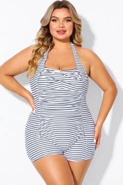Striped Ruched Panel Halter Women One Piece Swimsuit -Meetcurve Shop b deop303002 3