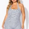 Striped Ruched Panel Halter Women One Piece Swimsuit 2 Striped Ruched Panel Halter Women One Piece Swimsuit -Meetcurve Shop b deop303002 4