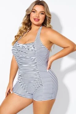 Striped Ruched Panel Halter Women One Piece Swimsuit -Meetcurve Shop b deop303002 5