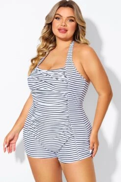 Striped Ruched Panel Halter Women One Piece Swimsuit -Meetcurve Shop b deop303002 6