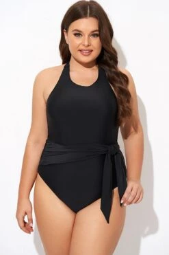 Black High-neck Halter Sash One Piece Swimsuit 10 Black High-neck Halter Sash One Piece Swimsuit -Meetcurve Shop b deop308001 3