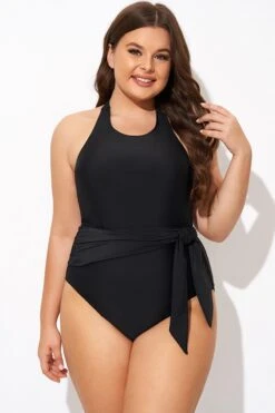 Black High-neck Halter Sash One Piece Swimsuit 12 Black High-neck Halter Sash One Piece Swimsuit -Meetcurve Shop b deop308001 5
