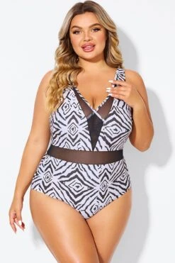 Plunging V-front And Back Mesh One Piece Swimsuit -Meetcurve Shop b deop309001 3