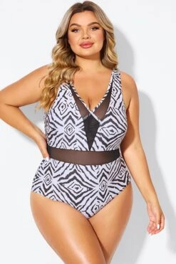 Plunging V-front And Back Mesh One Piece Swimsuit -Meetcurve Shop b deop309001 4