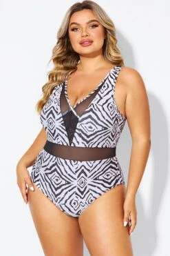 Plunging V-front And Back Mesh One Piece Swimsuit -Meetcurve Shop b deop309001 5