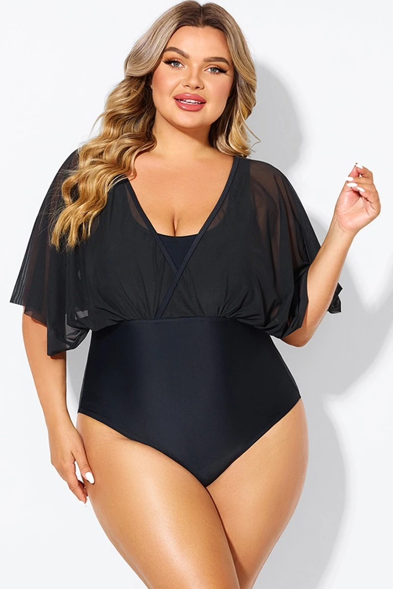 Solid Black Mesh Patchwork One Piece Swimsuit 5 Solid Black Mesh Patchwork One Piece Swimsuit - Image 3